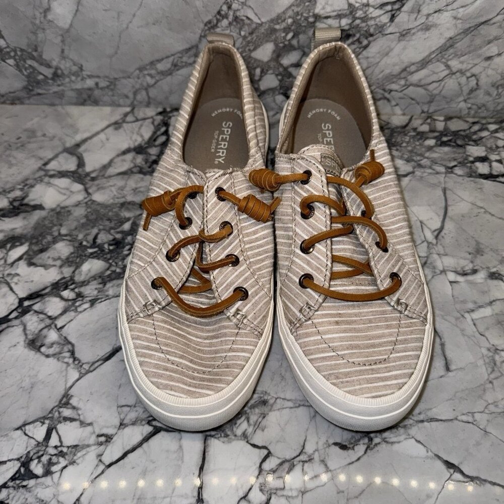 Sperry Women’s Size 8 Crest Vibe Taupe White Stripe Canvas Lace Up Shoes
